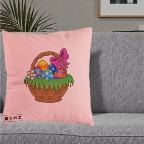 Perna Decorativa Cos cu Oua de Pasti Colorat, 40x40 cm, Roz, Husa Detasabila, Perna Inclusa, BEKZ®