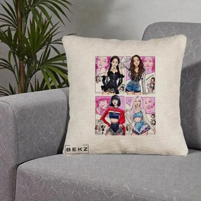 Perna Personalizata K-pop BLACKPINK Fanart Manga Benzi Desenate 4 Membre, 40x40 cm, Bej Canapea, Husa Detasabila, Perna Inclusa, BEKZ®