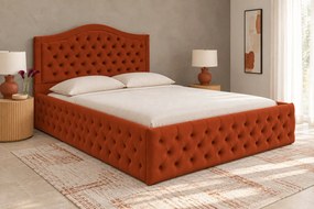 Pat tapițat Chesterfield din catifea Solaria Deluxe 140×200 cm, cărămiziu, cu ladă de depozitare