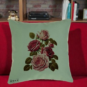 Perna Decorativa Trandafiri Vintage Roz-Rosii, 40x40 cm, Verde, Husa Detasabila, Perna Inclusa, BEKZ®