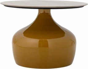 Măsuță de cafea rotundă din metal, galben, blat ceramic, bază sculpturală, finisaj lucios, 41 x 60 cm, „Lecco”