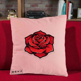Perna Decorativa Trandafir Rosu Tattoo, 40x40 cm, Roz, Husa Detasabila, Perna Inclusa, BEKZ®