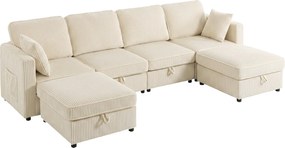 HOMCOM Canapea Modulară în U cu 4 Locuri, 2 Pufuri cu Depozitare, Catifea Reiată, 306x153x85 cm, Crem | Aosom Romania