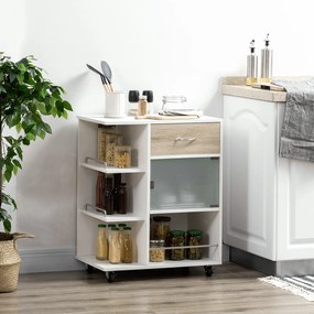 HOMCOM Carucior de bucătărie insulă centrală de bucătărie cu roți pivotante 360° rafturi cu bariere 65 x 39 x 80 cm alb | Aosom Romania