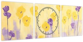Tablou - Flori mov și galbene (cu ceas) (90x30 cm)