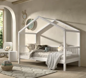 Set Pat Căsuță Forrest Beech pentru Camera Copii, 90x200 cm, cu Barieră Suplimentară și Set Textil, din Lemn Masiv de Fag, Alb – Vipack