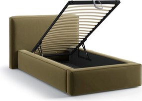 Pat verde tapițat cu spațiu de depozitare cu somieră 90x200 cm Jodie – Micadoni