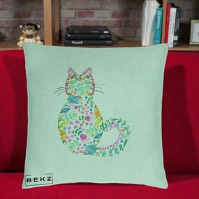 Perna Decorativa Pisica Florala Acuarela, 40x40 cm, Verde Menta, Husa Detasabila, Perna Inclusa, BEKZ®