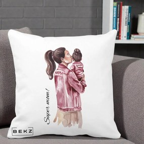 Cadou pentru Mama - Perna Personalizata Super Mom Jachete Roz, 40x40 cm, Alba Mata, Husa Detasabila, Perna Inclusa, BEKZ®
