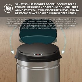 Coș de gunoi HOMCOM de 42L cu Senzor de Mișcare și Deschidere Automată, din Oțel Inoxidabil și ABS, 30.5x30.5x68 cm, Negru și Argintiu | Aosom Romania