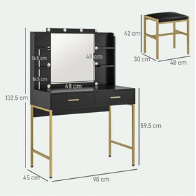 HOMCOM Masă de Machiaj cu Oglindă, 10 Becuri și Taburet Căptușit, 90x45x132,5 cm, Negru | Aosom Romania