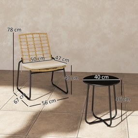 Outsunny Set mobilier de grădină, 3 piese, 2 scaune din ratan, 1 masă cu blat metalic, perne pentru șezut, set bistro, Bej &amp; Maro | Aosom Romania
