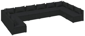 Set mobilier de gradina cu perne, 10 piese, negru, poliratan Negru, 2x colt + 8x mijloc, 1