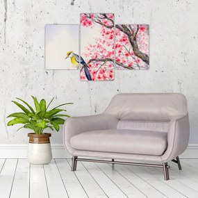 Tablou - Pasăre pe un copac cu flori roșii (90x60 cm)
