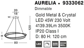 Lustra LED suspendata , dimabila, cristal design elegant AURELIA auriu 80cm