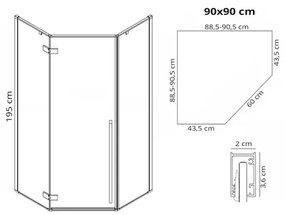 Cabina de dus pentagonala Rea Diamond cu usa batanta 90x90 auriu