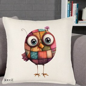 Perna Decorativa Pasare Patchwork Roz cu Floare, 40x40 cm, Crem Reliefat, Husa Detasabila, Perna Inclusa, BEKZ®