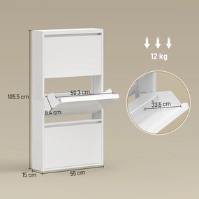 HOMCOM Dulap pantofi metalic cu 3 compartimente rabatabile, dulap îngust, montare pe perete, pentru 6 perechi, Alb | Aosom Romania