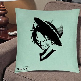 Perna Personalizata One Piece Luffy Silueta Alb-Negru, 40x40 cm, Verde Menta, Husa Detasabila, Perna Inclusa, BEKZ®