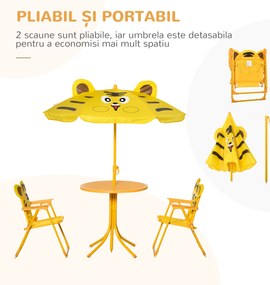 Outsunny Set de Grădină 4 Piese pentru Copii cu Model Tigru și Măsuță Rotundă, 2 Scaune Pliabile și o Umbrelă Reglabilă, Măsuță cu Scaune pentru Copii 3-6 Ani de Exterior, Galben | Aosom Romania