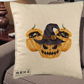 Perna Decorativa Trio Dovleci Jack-o-Lantern cu Palarie Vrajitoare, 40x40 cm, Bej, Husa Detasabila, Perna Inclusa, BEKZ®