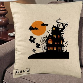 Perna Decorativa Halloween Casa Bantuita cu Fantome, 40x40 cm, Bej, Husa Detasabila, Perna Inclusa, BEKZ®