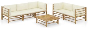 Set mobilier de gradina, 6 piese, perne alb crem, bambus Crem, 4x colt + mijloc + masa, 1