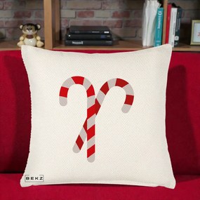 Perna Decorativa Candy Cane de Craciun, 40x40 cm, Crem Reliefat, Husa Detasabila, Perna Inclusa, BEKZ®