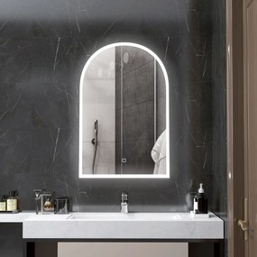 HOMCOM Oglindă de baie cu LED-uri 90 x 60 cm, montată pe perete, 3 culori, arcuită cu cadru din aluminiu, funcție anti-întunecare și comutator tactil | Aosom Romania