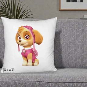 Perna Personalizata Skye PAW Patrol Roz, 40x40 cm, Alb Pufos, Husa Detasabila, Perna Inclusa, BEKZ®