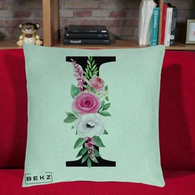 Cadou Personalizat - Perna Personalizata Monograma Florala Litera I, 40x40 cm, Verde Menta, Husa Detasabila, Perna Inclusa, BEKZ®
