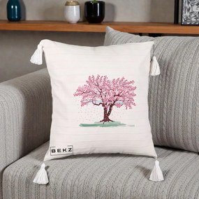 Perna Decorativa Cires Inflorit Acuarela, 40x40 cm, Bej cu Franjuri, Husa Detasabila, Perna Inclusa, BEKZ®