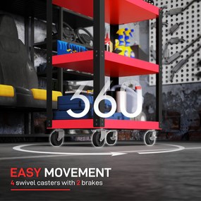 HOMCOM Cărucior Porta Unelte cu 3 Rafturi din Metal și PP, 70.5x35x82.5 cm, Roșu și Negru | Aosom Romania