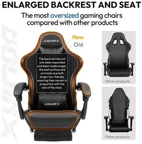 DOWINX Scaun gaming, ergonomic, suport lombar cu masaj, spătar rabatabil, tetieră, suport pentru picioare, rezistent 150 kg, piele PU, Negru/Albastru