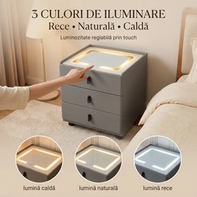 Noptieră inteligentă, încărcare Wireless și port USB+USB C, 3 sertare, 3 tipuri de iluminare LED touch, 3 tipuri de culoare, sticla securizata, Gri