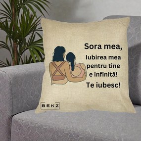 Cadou pentru Sora - Perna Personalizata Sora Mea Te Iubesc Doua Fete Fashioniste Line Art, 40x40 cm, Crem, Husa Detasabila, Perna Inclusa, BEKZ®