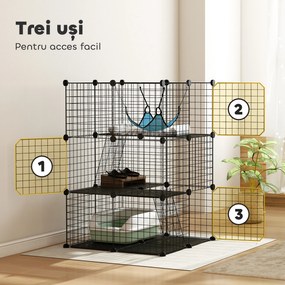 PawHut Cușcă pentru Pisici 105 cm de Interior, Recinto din Oțel cu 3 Uși, Design Personalizabil DIY pentru Pisoi, Spațiu pe 3 Niveluri cu Scări, Hamac și Platformă, Negru | Aosom Romania