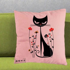 Perna Decorativa Pisica Neagra Grafica Flori Rosii, 40x40 cm, Roz, Husa Detasabila, Perna Inclusa, BEKZ®