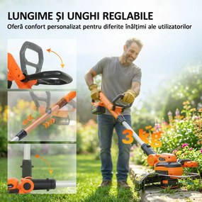 Outsunny Trimmer cu Acumulator 2-în-1, Tăietor de Iarbă 18V cu 2 Baterii de 4Ah, Încărcător, Tija Telescopică, Cap Înclinat, Mâner Reglabil, Tăiere 25cm, 8000 RPM, Ușor pentru Gazon și Grădină | Aosom Romania