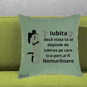 Cadou pentru Iubita - Perna Personalizata Iubita Nemuritoare cu Siluete de Cuplu, 40x40 cm, Verde, Husa Detasabila, Perna Inclusa, BEKZ®