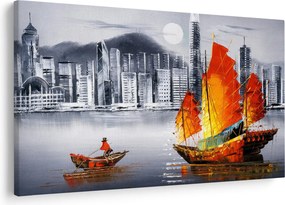 Tablou - Victoria Harbour, Hong Kong, pictură în ulei alb- negru (90x60 cm)