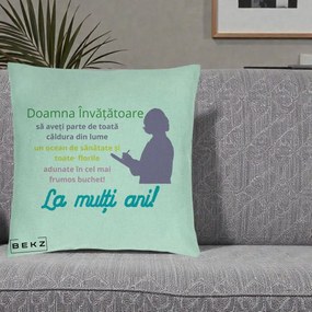 Cadou pentru Invatatoare - Perna Personalizata Doamna Invatatore La Multi Ani cu Silueta si Text Colorat, 40x40 cm, Verde Menta, Husa Detasabila, Perna Inclusa, BEKZ®