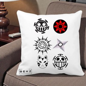 Perna Personalizata Simboluri Anime Mix - Naruto One Piece, 40x40 cm, Alba Mata, Husa Detasabila, Perna Inclusa, BEKZ®