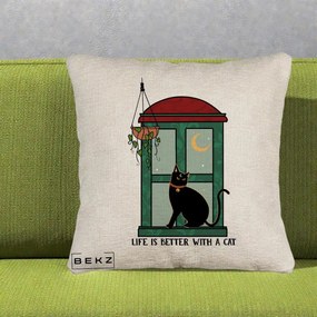 Perna Personalizata Life is Better with a Cat Geam, 40x40 cm, Bej Canapea, Husa Detasabila, Perna Inclusa, BEKZ®