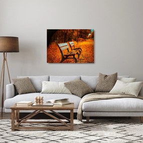 Tablou pe sticlă cu banca toamna (70x50 cm)