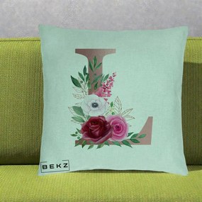 Cadou Personalizat - Perna Personalizata Monograma Rose Gold Litera L, 40x40 cm, Verde Menta, Husa Detasabila, Perna Inclusa, BEKZ®