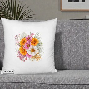 Perna Decorativa Buchet Cosmos Portocaliu Roz si Alb, 40x40 cm, Alb Pufos, Husa Detasabila, Perna Inclusa, BEKZ®