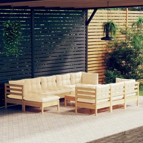 3097145 vidaXL Set mobilier grădină cu perne crem, 11 piese, lemn masiv de pin