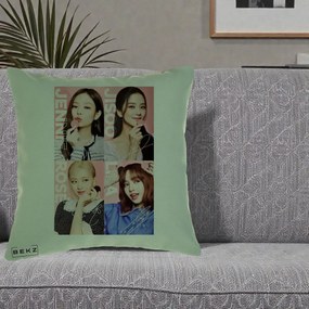 Perna Personalizata K-pop BLACKPINK Colaj 4 Portrete cu Semnature, 40x40 cm, Verde, Husa Detasabila, Perna Inclusa, BEKZ®