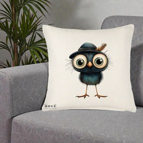 Perna Decorativa Pui Misterios cu Palarie Neagra, 40x40 cm, Crem Reliefat, Husa Detasabila, Perna Inclusa, BEKZ®